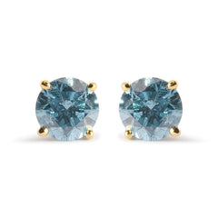 14K Yellow Gold 1.0 Cttw Treated Aqua Blue Diamond Classic Solitaire Stud Earrings (Aqua Blue Color, I2-I3 Clarity)