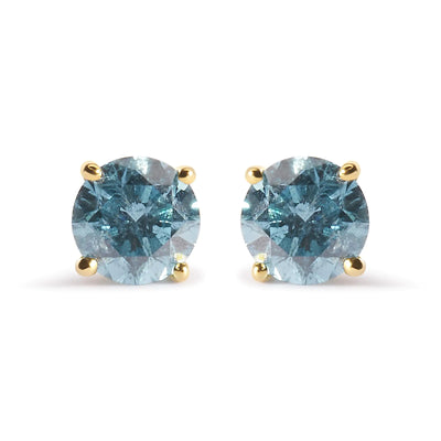 14K Yellow Gold 1.0 Cttw Treated Aqua Blue Diamond Classic Solitaire Stud Earrings (Aqua Blue Color, I2-I3 Clarity)